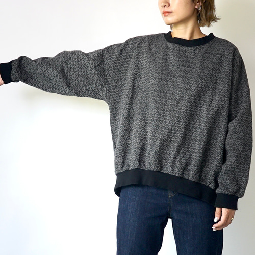 刺し子織ラウンドトレーナー/麻柄グレー/三河木綿 スウェット