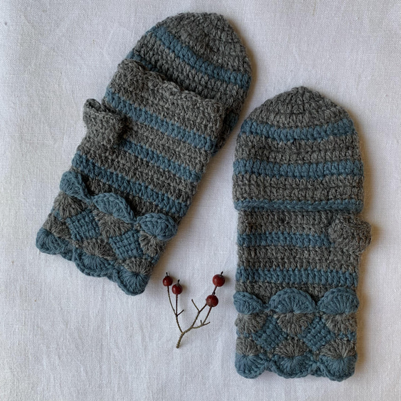 手編みニット手袋 指なしミトン型 指カバー付 2WAY手袋 手袋・ミトン