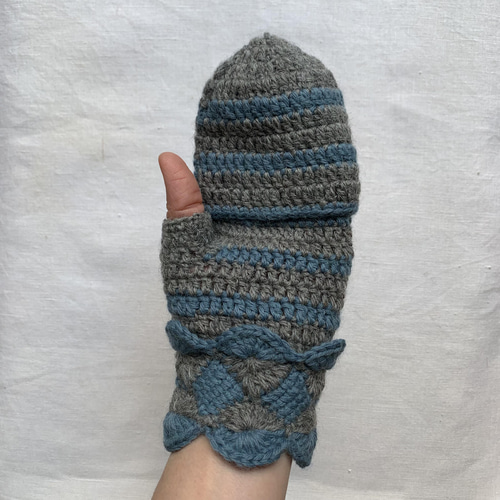 手編みニット手袋 指なしミトン型 指カバー付 2WAY手袋 手袋