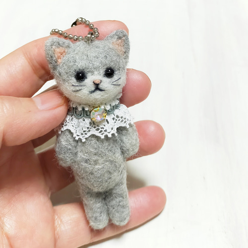 ◾羊毛フェルトの猫マスコット(グレー猫)キーホルダー・猫雑貨