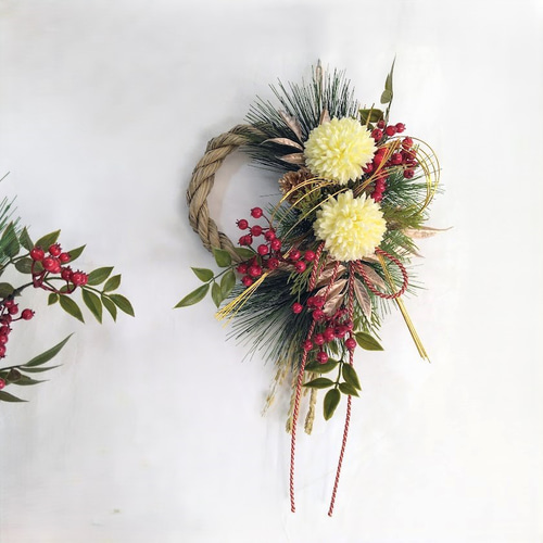 24.しめ縄リース お正月 しめ縄リース (クリーム色)ピンポンマム ns624 アーティ