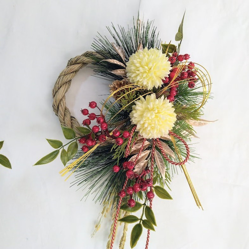 お正月 しめ縄リース (クリーム色)ピンポンマム ns624 アーティ