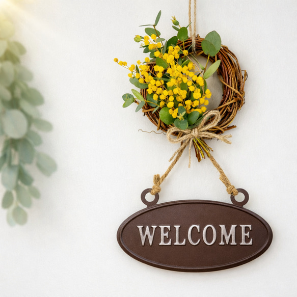 ミモザとユーカリの welcome ナチュラルリース ドライフラワー｜春の