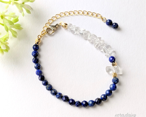 ラピスラズリ・水晶の華奢な天然石チェーンブレスレット *12月誕生石