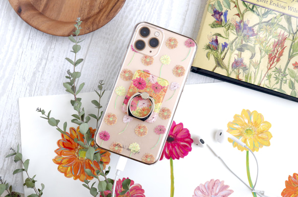 お花のクリアスマホケース　スマホリングセット　ガーベラ　全機種対応　iPhone14 Android 1枚目の画像