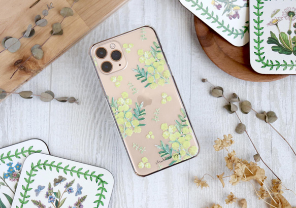 お花のクリアスマホケース ミモザ 全機種対応 iPhone17 Android