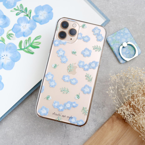 お花のクリアスマホケース ネモフィラ 全機種対応 iPhone17.Android