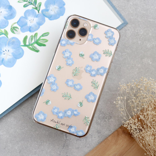 お花のクリアスマホケース ネモフィラ 全機種対応 iPhone14