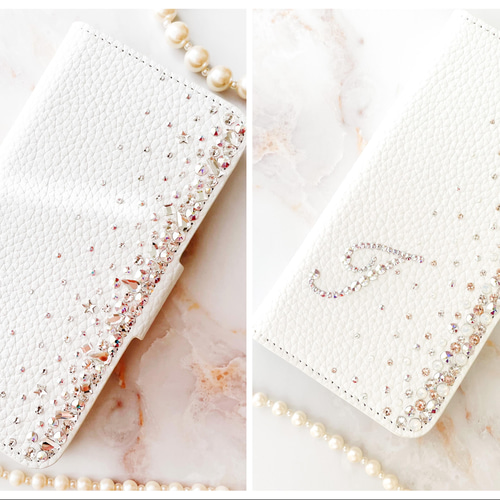 手帳型iPhone17pro,16,15,14他全機種スワロフスキー2色オーロラ