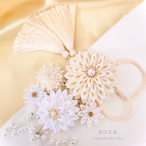 つまみ細工 髪飾り *白/アイボリー小枝アクセサリー*結婚式 つまみ細工 髪飾り *白/アイボリー小枝アクセサリー*結婚式