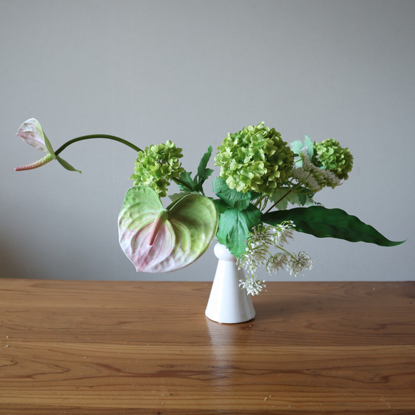 【大人気】新緑の紫陽花とピンクアンスリウムの花束♡ 紫陽花インテリア グリーン紫陽花 アンスリウム 1枚目の画像