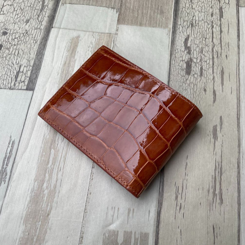 二つ折り 財布 レザー クロコ 本物 茶色 クロコダイル メンズ