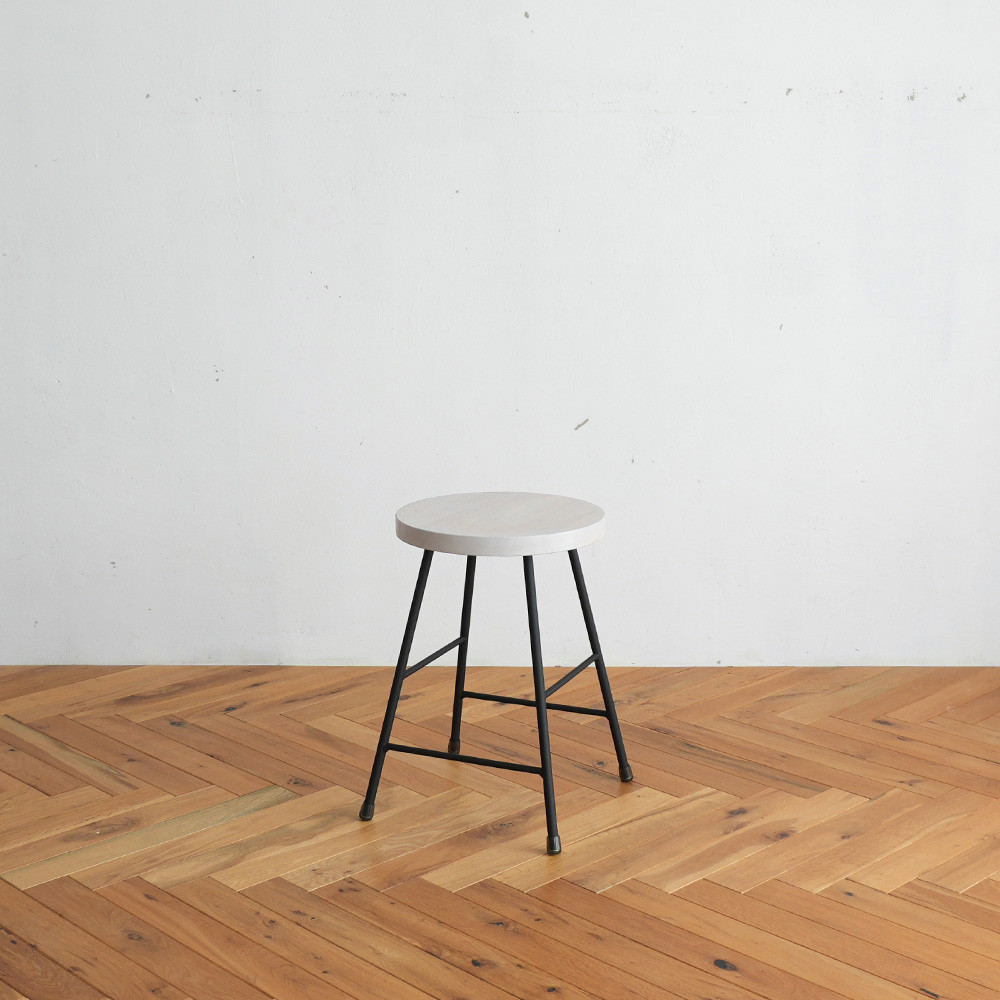 《高さ変更可能》【ホワイト】スツール / アイアン・ウッド