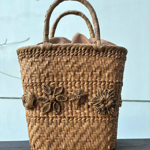 山葡萄籠バッグ 手作り 網代編み・花編み 巾着タイプ内布