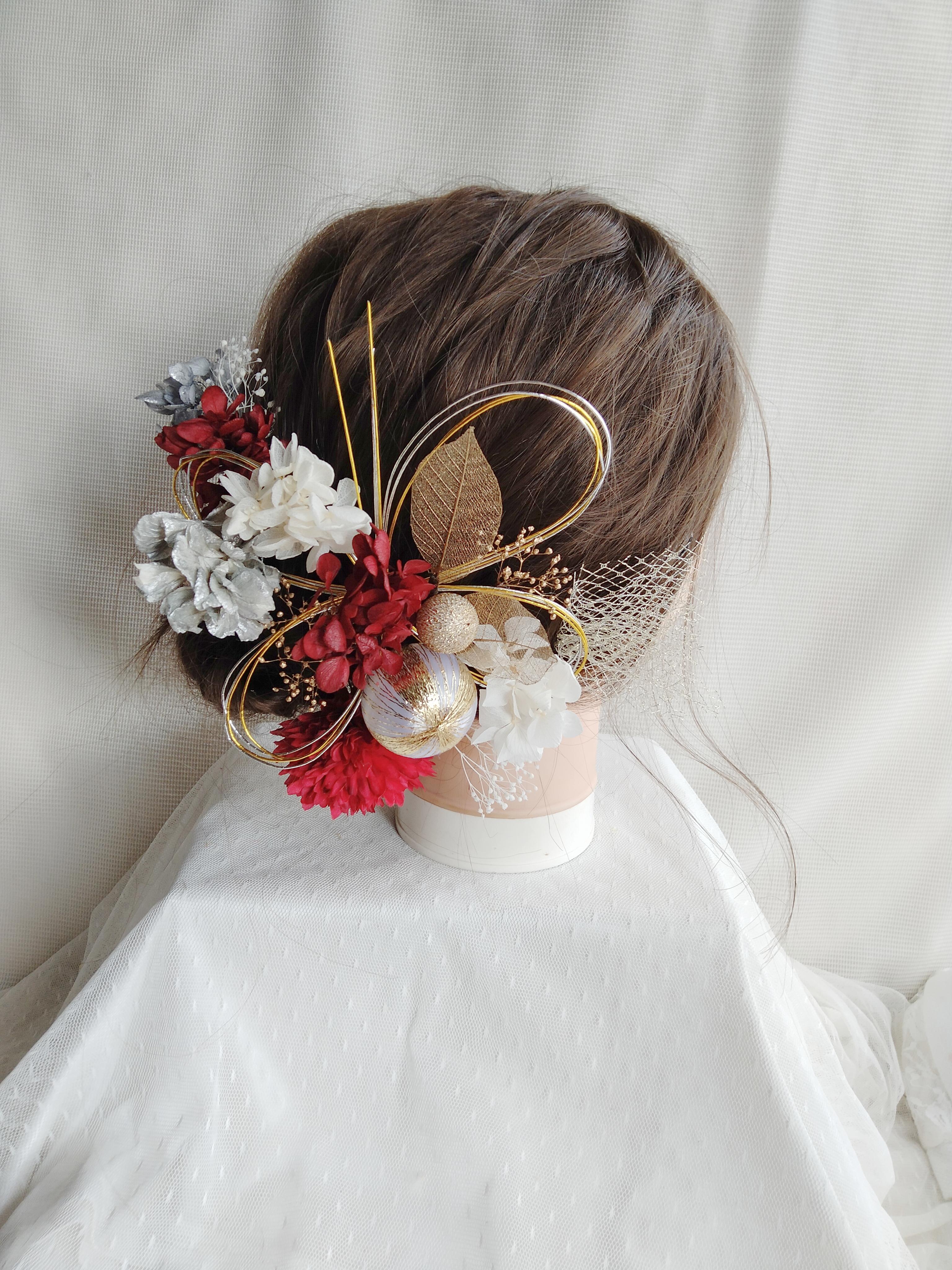 水引と和玉の三色の髪飾り　卒業式　成人式　結婚式　ドライフラワー　プリザーブドフラワー