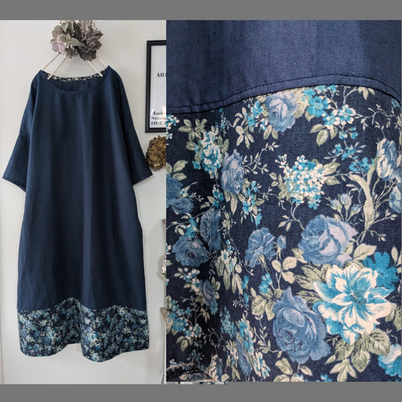 ハンドメイド　リネンワンピース　ネイビー リネンライクワンピース/綿麻ブレンド/ウォッシャブル/ネイビー
