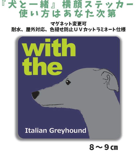 イタリアングレイハウンド イタグレ DOG IN CAR 横顔ステッカー 車 玄関 名入れ 『犬と一緒』 1枚目の画像