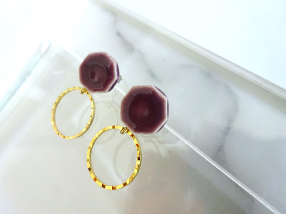八角形金環陶瓷耳環/耳環（紫色） 第2張的照片