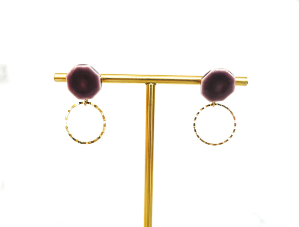 八角形金環陶瓷耳環/耳環（紫色） 第6張的照片