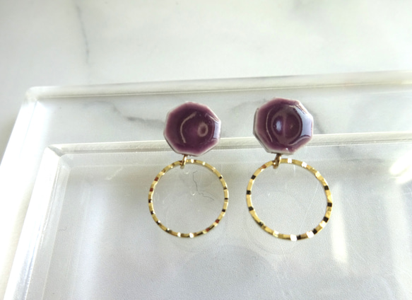 八角形金環陶瓷耳環/耳環（紫色） 第3張的照片
