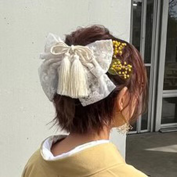 卒業式　リボン　レース　髪飾り　着物　バレッタ　タッセル　ホワイト　オシャレ　袴 8枚目の画像