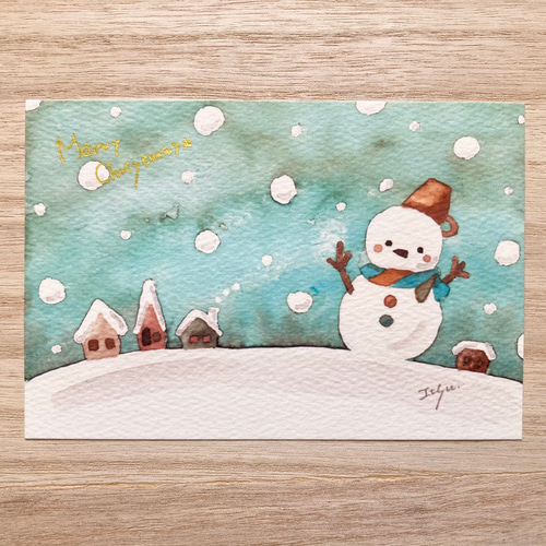 透明水彩画 3枚セット「冬空の雪だるま」北欧水彩画イラストポスト