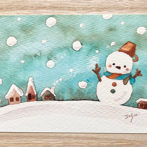 透明水彩画 3枚セット「冬空の雪だるま」北欧水彩画イラスト