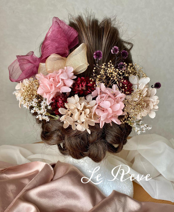 P06 成人式　卒業式　結婚式　パープルオーガンジーリボンとピンクドライフラワーの髪飾り 1枚目の画像