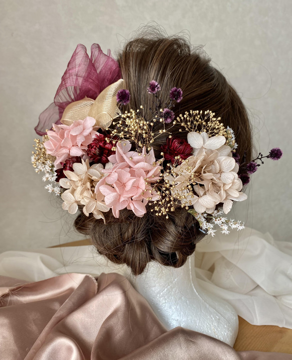 P06 成人式　卒業式　結婚式　パープルオーガンジーリボンとピンクドライフラワーの髪飾り 2枚目の画像
