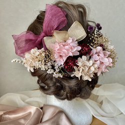 P06 成人式　卒業式　結婚式　パープルオーガンジーリボンとピンクドライフラワーの髪飾り 3枚目の画像