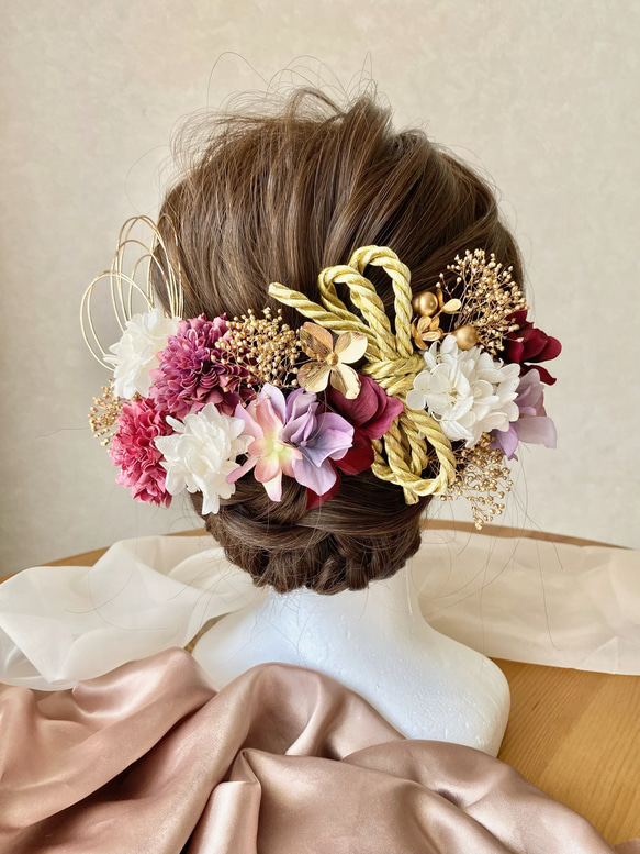 PA05 成人式　卒業式　結婚式　紐リボン×ピンクパープル髪飾り 2枚目の画像