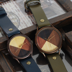 從4種木材WB-077 X尺寸L尺寸手工手錶To木皮革製成的一對手錶 第3張的照片