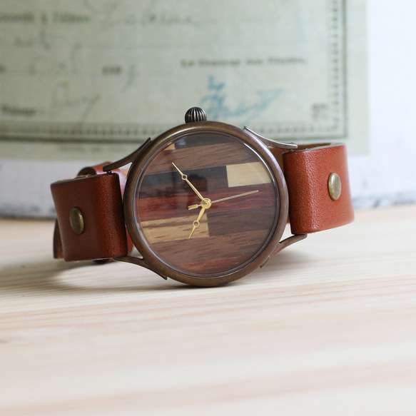 由5種木材WB-082 X尺寸手工表handmade木皮革製成的大錶盤 第2張的照片
