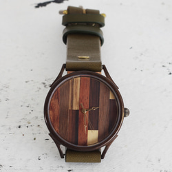 由5種木材WB-082 X尺寸手工表handmade木皮革製成的大錶盤 第1張的照片