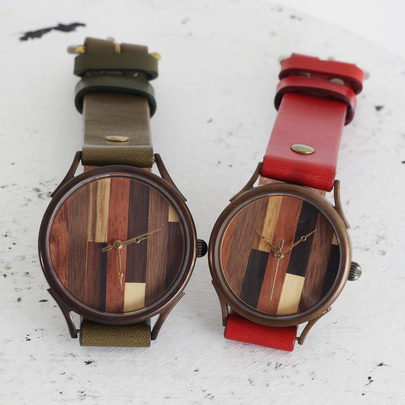 由5種木材WB-082 X尺寸L尺寸製成的一對手錶手工手錶To木皮革 第3張的照片