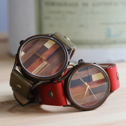 由5種木材WB-082 X尺寸L尺寸製成的一對手錶手工手錶To木皮革 第2張的照片