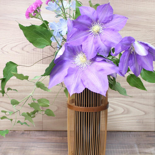 駿河竹千筋細工 花器 しおり 煤竹風加工 伝統工芸の竹細工 一輪挿し