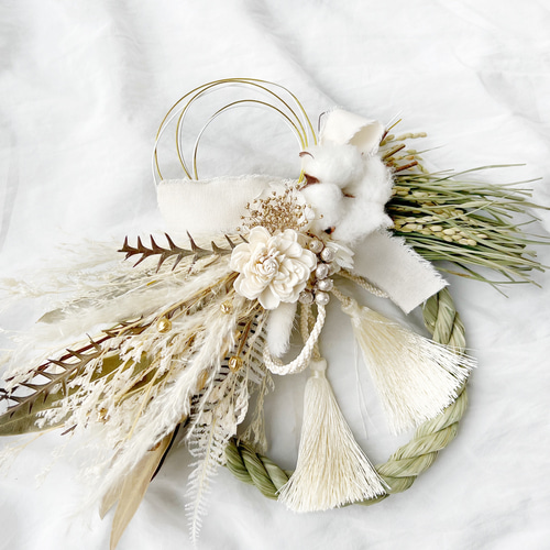 2024 しめ縄飾り ホワイト 2way ② 特集掲載作品＊しめ縄 【2WAYとりはずしてスワッグに】ホワイト