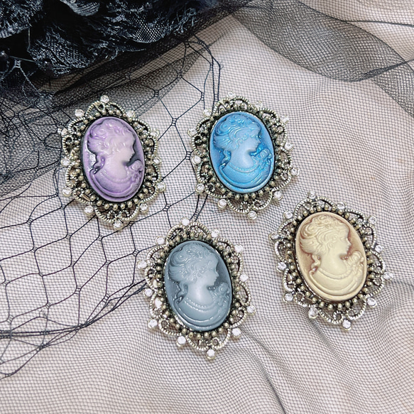 帯留め アンティーク レトロ カメオ グレー ブラウン パープル ブルー