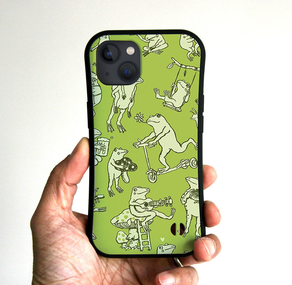 グリップiPhoneケース カエルだらけ（シックグリーン） iPhoneケース 