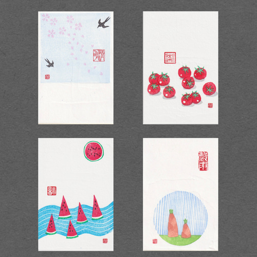 手刷木版画】因州和紙のポストカード 二十四節気『春・夏・秋・冬』全