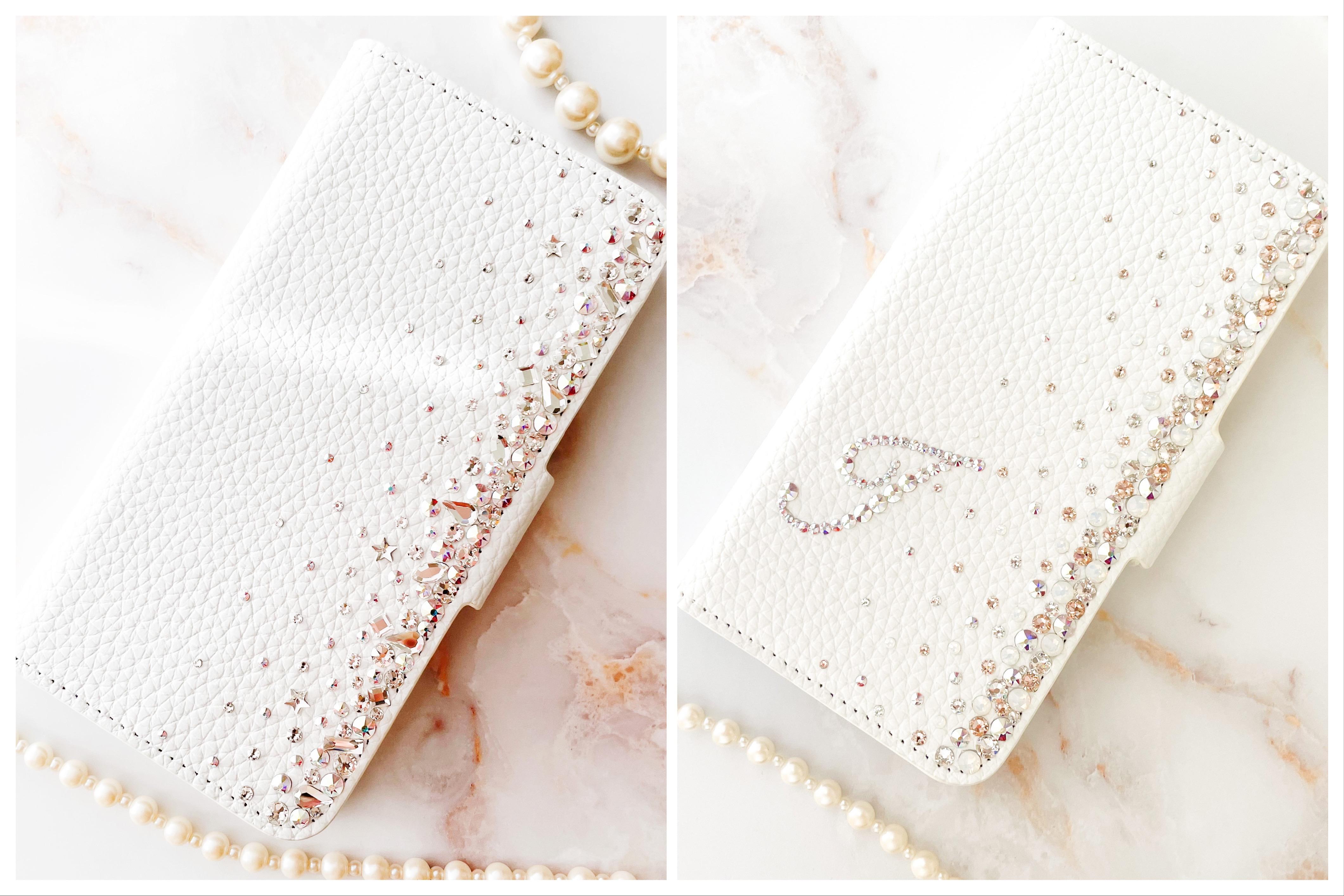 手帳型 iPhone17pro,Max16,15,14他スワロフスキーデコレーションケースパープル系ビジュースマホカバー