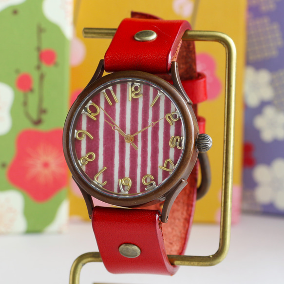國產Kyochiyogami錶盤條紋紅豆WJ-004 L尺寸MADE IN JAPAN手工手錶chi木皮革 第1張的照片