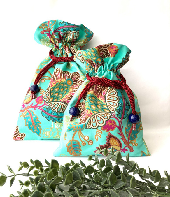 【袋ポーチM/L】美しいターコイズ色のマラケシュ柄の袋ポーチです（アメリカ製上質プレミアムコットン100％） 4枚目の画像