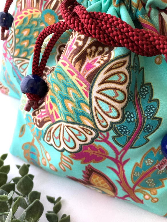 【袋ポーチM/L】美しいターコイズ色のマラケシュ柄の袋ポーチです（アメリカ製上質プレミアムコットン100％） 5枚目の画像