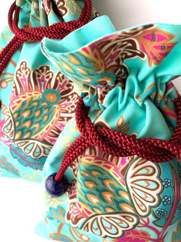 【袋ポーチM/L】美しいターコイズ色のマラケシュ柄の袋ポーチです（アメリカ製上質プレミアムコットン100％） 3枚目の画像