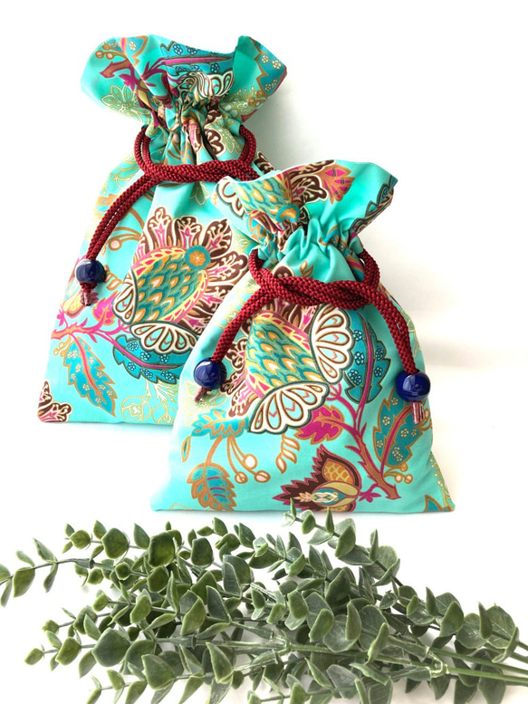 【袋ポーチM/L】美しいターコイズ色のマラケシュ柄の袋ポーチです（アメリカ製上質プレミアムコットン100％） 2枚目の画像