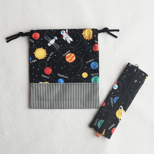 【yokko】惑星(パープル)×ストライプ 入園入学グッズ5点セット 惑星(パープル)×ストライプ 入園入学グッズ5点セット/裏地キ