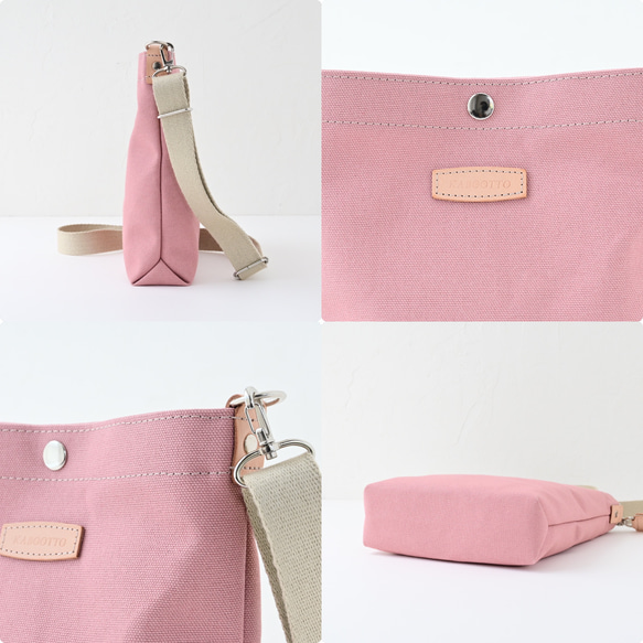 Sサイズ/20色展開/倉敷産帆布×ヌメ革♩軽量でペットボトルも入る便利なショルダーバッグ#スモーキーピンク 9枚目の画像