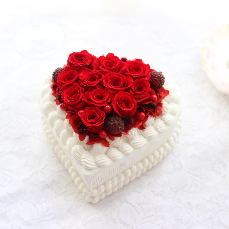 ハートのフラワーケーキ　プリザーブドフラワー　誕生日　お祝い　長寿祝い　プレゼント 花 還暦　おしゃれ バレンタイン